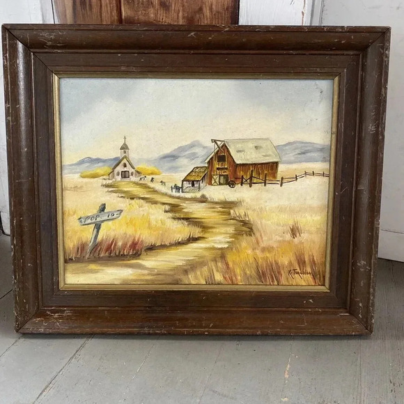 VTG Oil Painting On Canvas Frame Signed Road ToChurch Landscape Farmhouse Barn